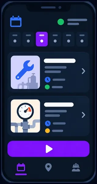 MaxIron Mobile phone icon showing technician work orders and a start control