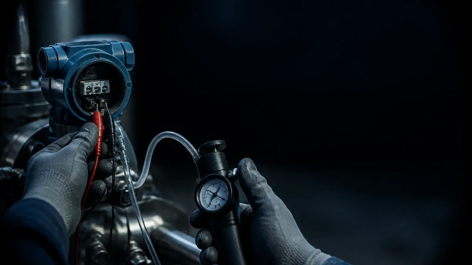 View through smart glasses during a calibration, both gloved hands holding a reference hand pump and test leads at a field transmitter, with the current datasheet point shown in the corner of vision
