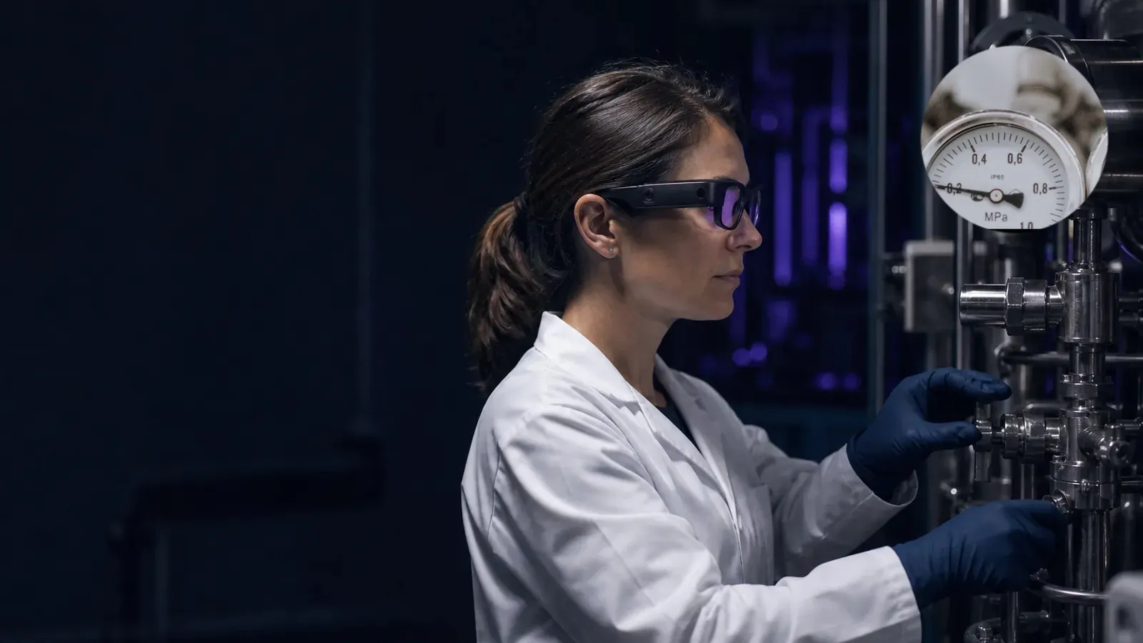 Calibration technician in smart glasses working hands-free at a pressure gauge in a regulated manufacturing plant