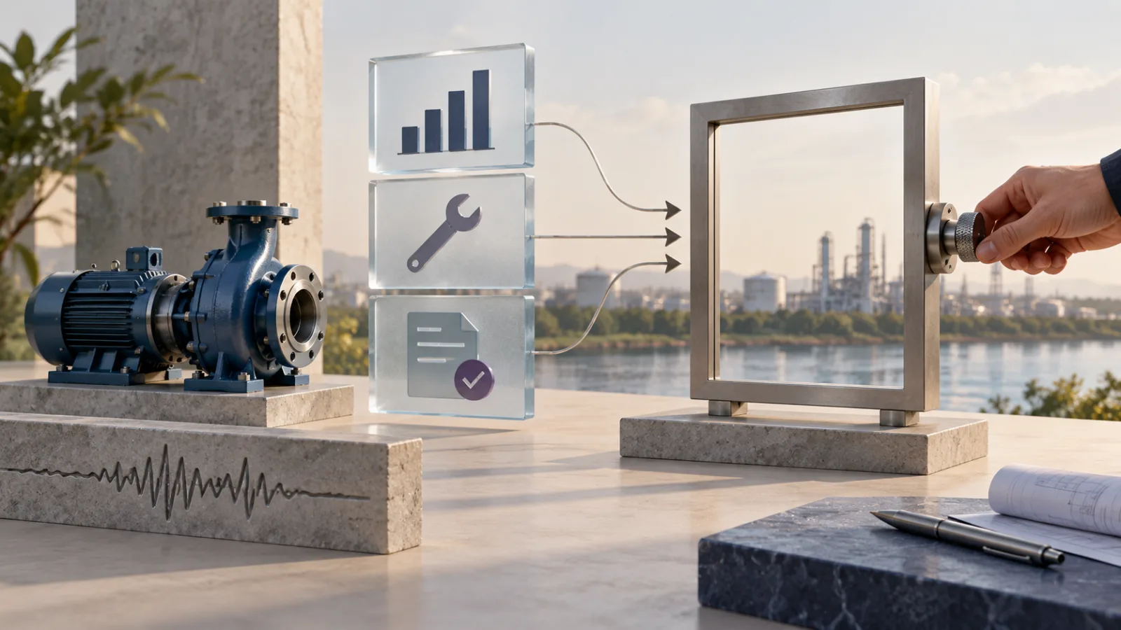 Conceptual pump, condition trace and evidence panels leading to a review frame adjusted by a human hand