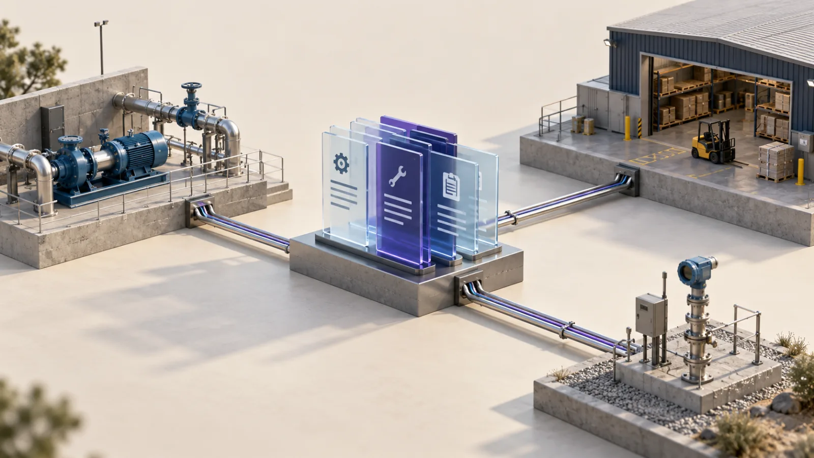Conceptual shared asset records linking maintenance equipment, stores and field information