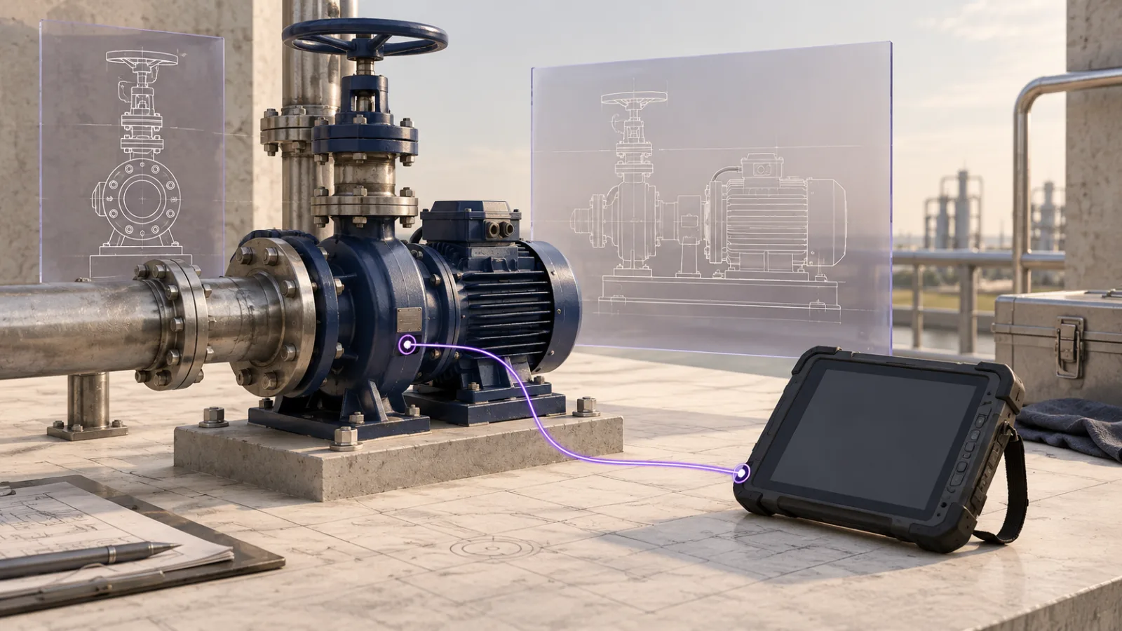 Conceptual rugged handheld beside a pump and valve, linked to matching engineering records