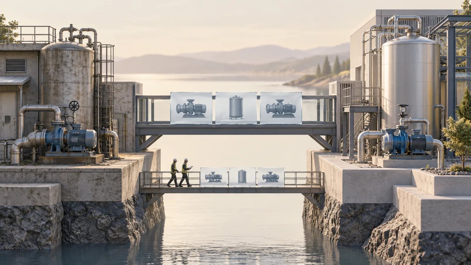 Conceptual existing and modern industrial platforms linked by a transition bridge and a smaller rehearsal path